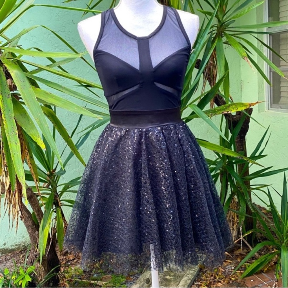 Black Sequin Flare Tulle Early 2000s Dress
